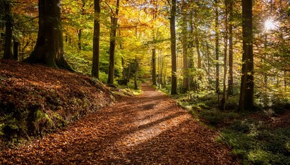 Serene Autumn Pathway In Lush Forest Grove Surrounded By Golden Foliage And Vibrant Greenery