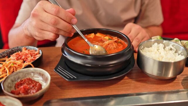 Traditional Korean kimchi jjigae soup in a Korean restaurant. Asian food. global food culture