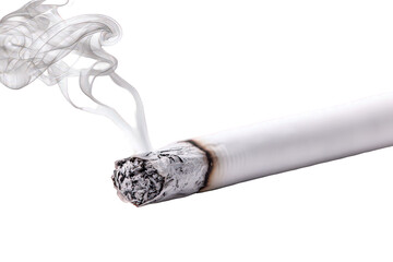 Close Up of Burning Cigarette with Smoke on Transparent Background