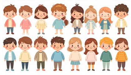 Fototapeta premium Cute kawaii children characters with cheerful faces, colorful outfits, diversity, friendship, joy, innocence, playfulness, childhood happiness, and togetherness