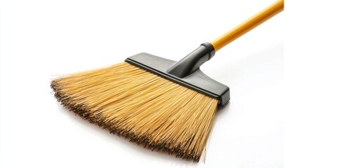 A yellow-handled push broom rests on a white surface. The broom head is black with a wide, angled brush made of light brown bristles.