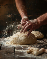 Obraz premium hands kneading dough on wooden table, rustic kitchen setting, warm lighting, high detail food photography