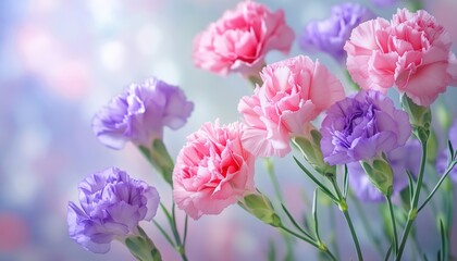 Romantic Pink And Purple Water Carnations With Green Stems And Leaves: A Vintage Bouquet Of Flowers.