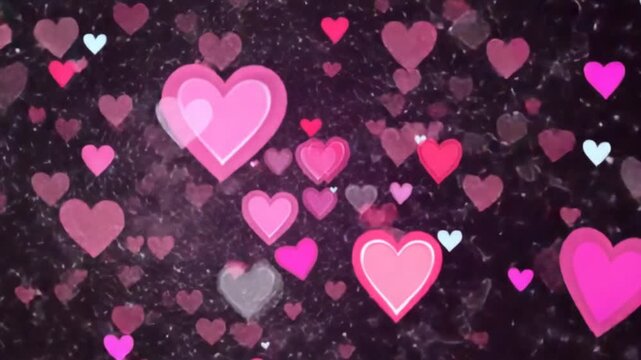 A vibrant looping animation of colorful hearts swirling in an endless motion on a dark background. Perfect for romantic, festive, or positive projects. Looping animation.