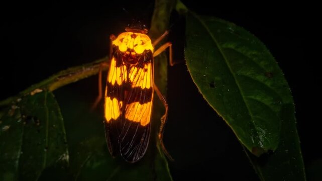 Glowing Fulgorid Planthopper On Green Leaf With Dark Background Night Photography Insect Bright Orange Luminescence Beetle