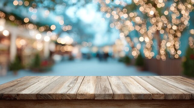 Christmas Background. Empty Wooden Table with Holiday Bokeh Blur, Desk with Blurry Board Bokeh