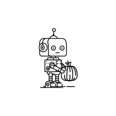 Robot holding pumpkin halloween autumn harvest season cute illustration vector graphic design line art drawing