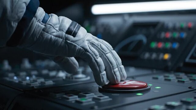 Astronaut in spacesuit pressing a red button on the control panel in space