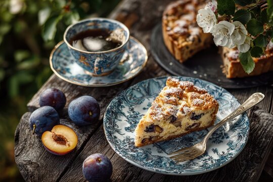 Kaffee und Kuchen in the Garden: Homemade Plum Pie and Coffee Enjoyed Outdoors
