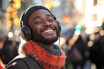 Smiling man dancing with headphones in street