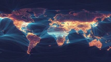 A glowing digital world map showing illuminated data connections and bright communication lines across continents.