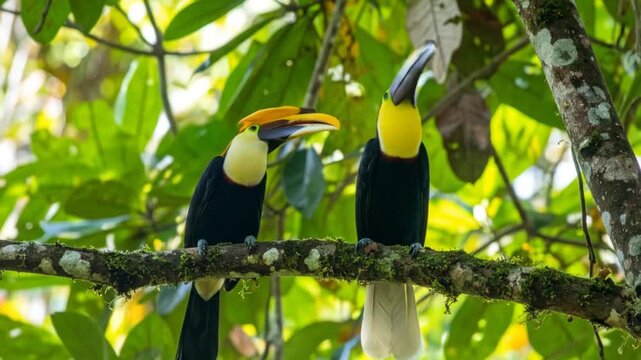 Pair Of Colorful Toucans Perched On Mossy Branch Amid Lush Green Foliage In Natural Habitat With Sunlight Filter Through Leaves
