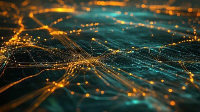 A glowing digital world map showing illuminated data connections and bright communication lines across continents. - Powered by Adobe