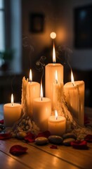 Warm glow from candles illuminating romantic ambiance with rose petals