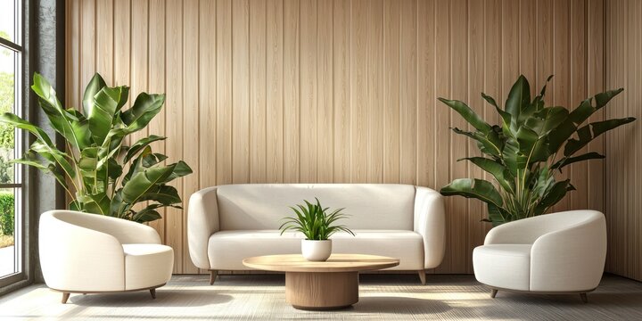 A modern living room features a light-colored sofa, two armchairs, and a round coffee table. Large potted plants, including a philodendron and a monstera, are placed in front of a window.
