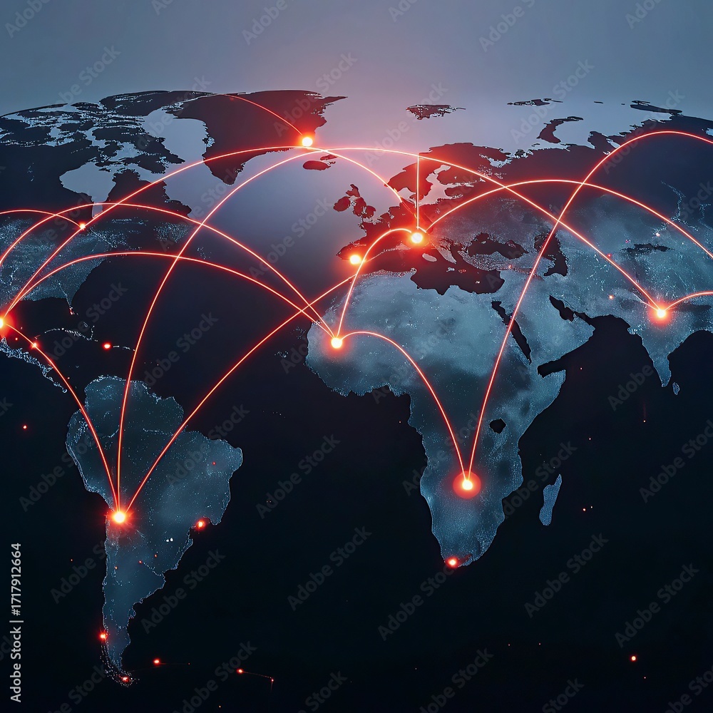 Fototapete world. internet concept of global business.world new map with glowing lines on dark background. netw