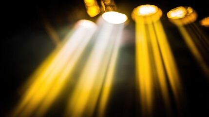 form. Dramatic golden light beams shining through darkness, creating an abstract bokeh effect. event key visuals, club posters, designed for sports event promotions and stadium branding.