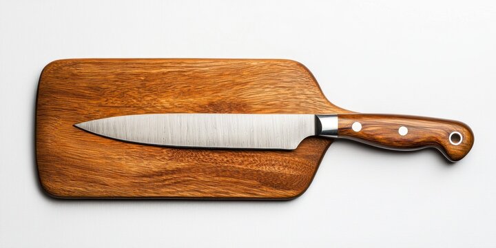 A stainless steel chef's knife rests on a dark wooden cutting board. The knife has a silver blade and a wooden handle with a brown grip. The cutting board is rectangular and made of a warm-toned wood.