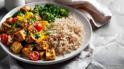 A vibrant vegetarian lunch plate with glazed tofu stir fry fresh vegetables and brown rice