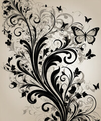 Obraz premium Elegant black and white floral design with butterflies illustration