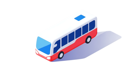 Modern isometric illustration of a red and white passenger bus with blue tinted windows on a gray surface against a black background