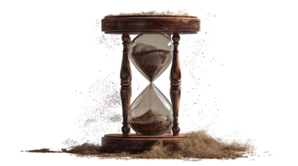 Antique hourglass with falling sand isolated on transparent background