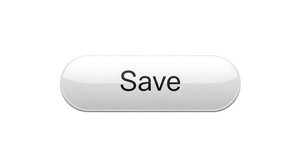 A simple modern rounded white button with the word save clearly displayed in black text on a black background