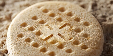 A close-up shot of a single, round wafer with a cross-shaped indentation in the center. The wafer is textured with a pattern of small holes and sits on a bed of fine, beige sand. 