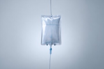 Clear IV drip bag with tubing on light blue background, medical concept