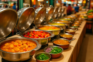 a vibrant buffet line with an array of colorful and delicious indian curries and dishes in large serving pots, perfect for food service and restaurant promotions