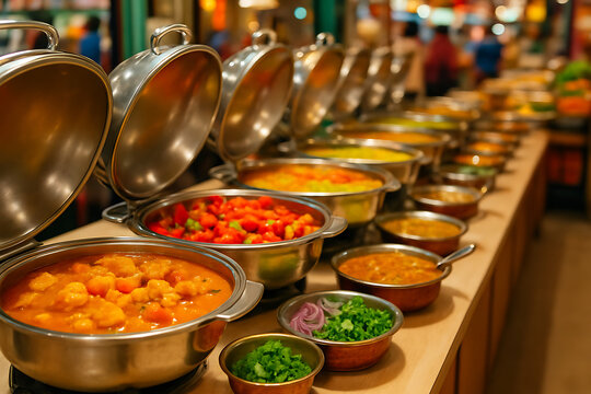 a vibrant buffet line with an array of colorful and delicious indian curries and dishes in large serving pots, perfect for food service and restaurant promotions
