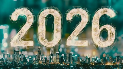 Floating glowing 2026 above futuristic city skyline photographed using DSLR, 35mm lens, sharp focus on illuminated digits with city lights below