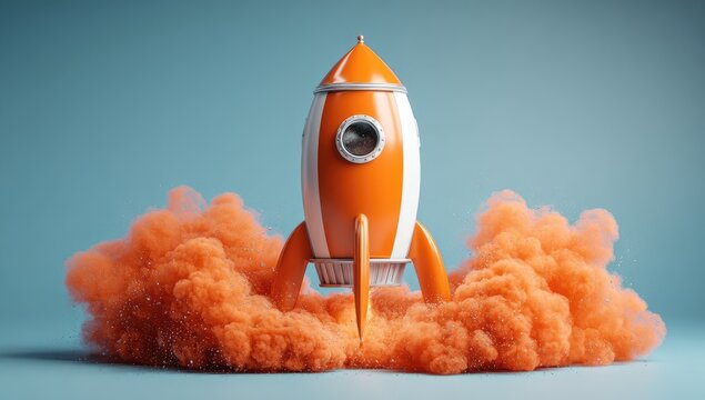 A vibrant orange rocket ship takes flight, emitting a cloud of orange smoke against a pale blue backdrop.