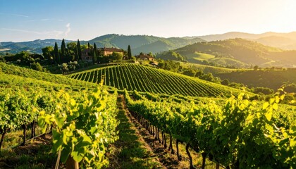 Tuscan Vineyard at Sunset  Beautiful Wine Region Landscape.