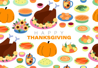 Obraz premium A table set for Thanksgiving dinner with a roasted turkey, stuffing, and all the fixings. Festive holiday dinner. Thanksgiving dinner with roasted turkey and pies