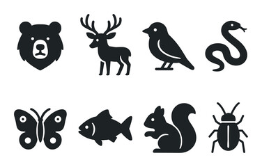 Silhouette wildlife icons: bear, deer, bird, snake, butterfly, fish, squirrel, beetle