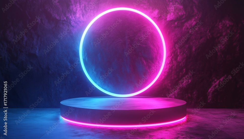 Poster render of an empty podium with gradient neon ring in abstract scene featuring pink and blue neon fra