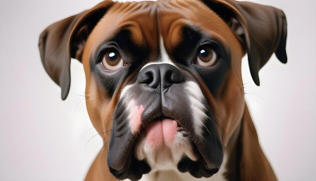 Close-up portrait of a beautiful Boxer dog with a focused gaze against a white backdrop.