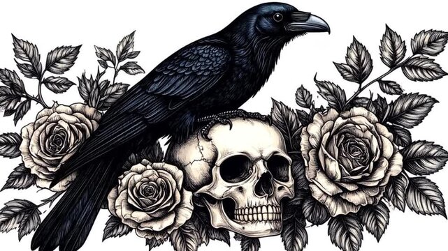 Dramatic Still Life of Raven Perched on Skull Amidst Roses in High Contrast Light And Shadow