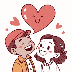 Adorable cartoon children sharing a happy moment with a large smiling heart above them