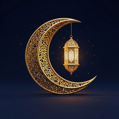 Golden islamic crescent moon with hanging lantern and arabic calligraphy