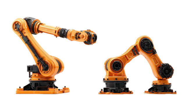 Industrial Orange Robot Arms Against Black Background