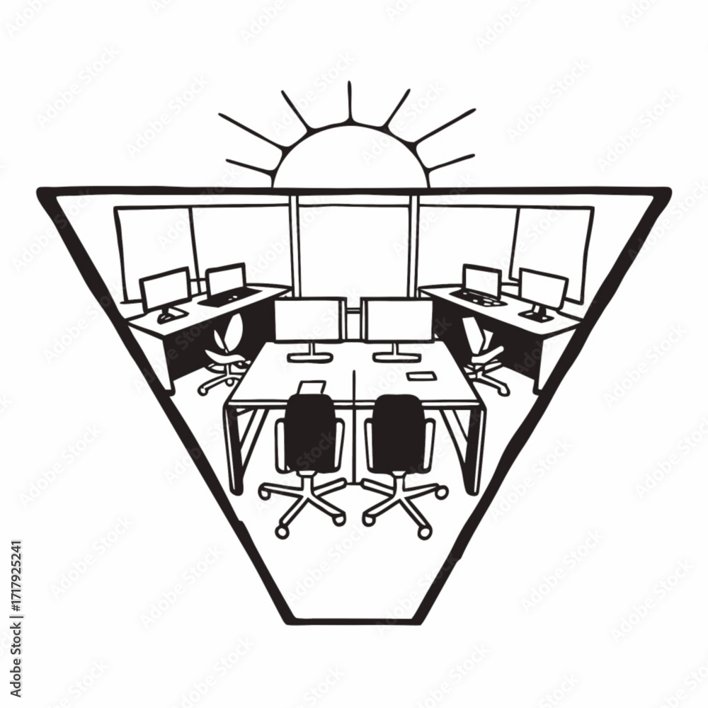 Poster minimilist illustration of an office space with desks chairs computers and windows inside a triangle