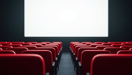 Fototapeta premium Red Cinema Or Theater Seats Arranged In Rows In Front Of A Blank White Screen With Space For Customization Or Information.