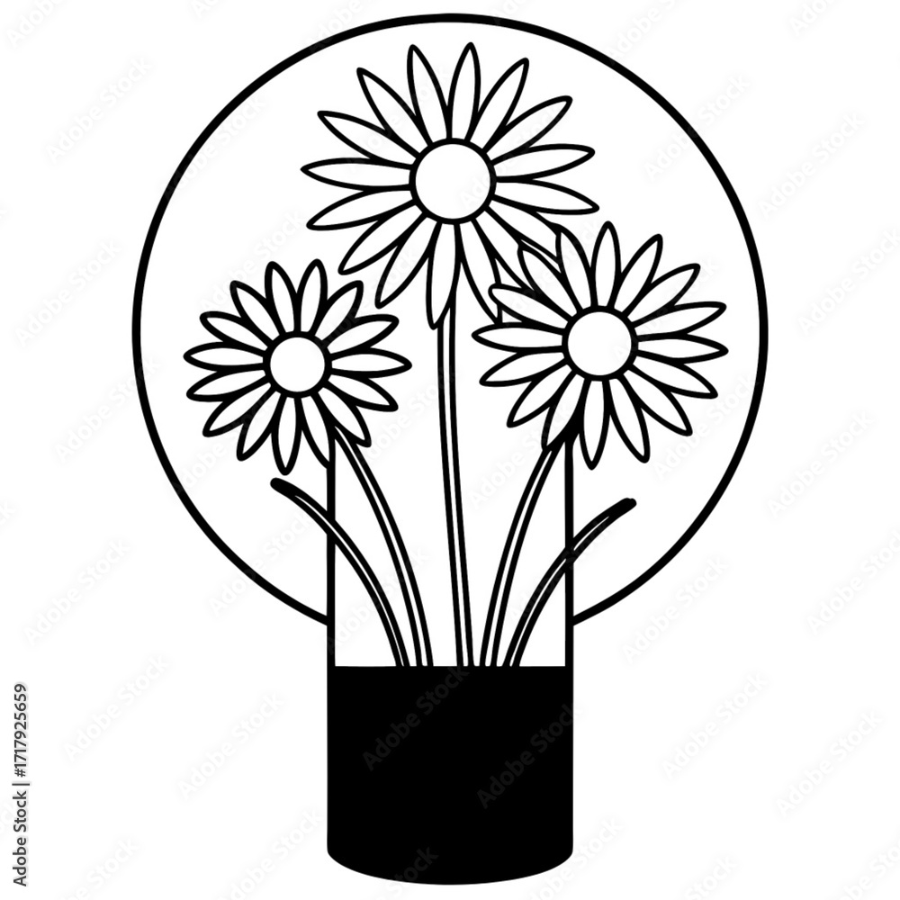 Poster minimilist three outlined daisies in a black vase inside a circle frame with a white background desi