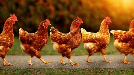 Chickens marching along the path at sunset farmyard setting nature photography outdoor viewpoint animal behavior