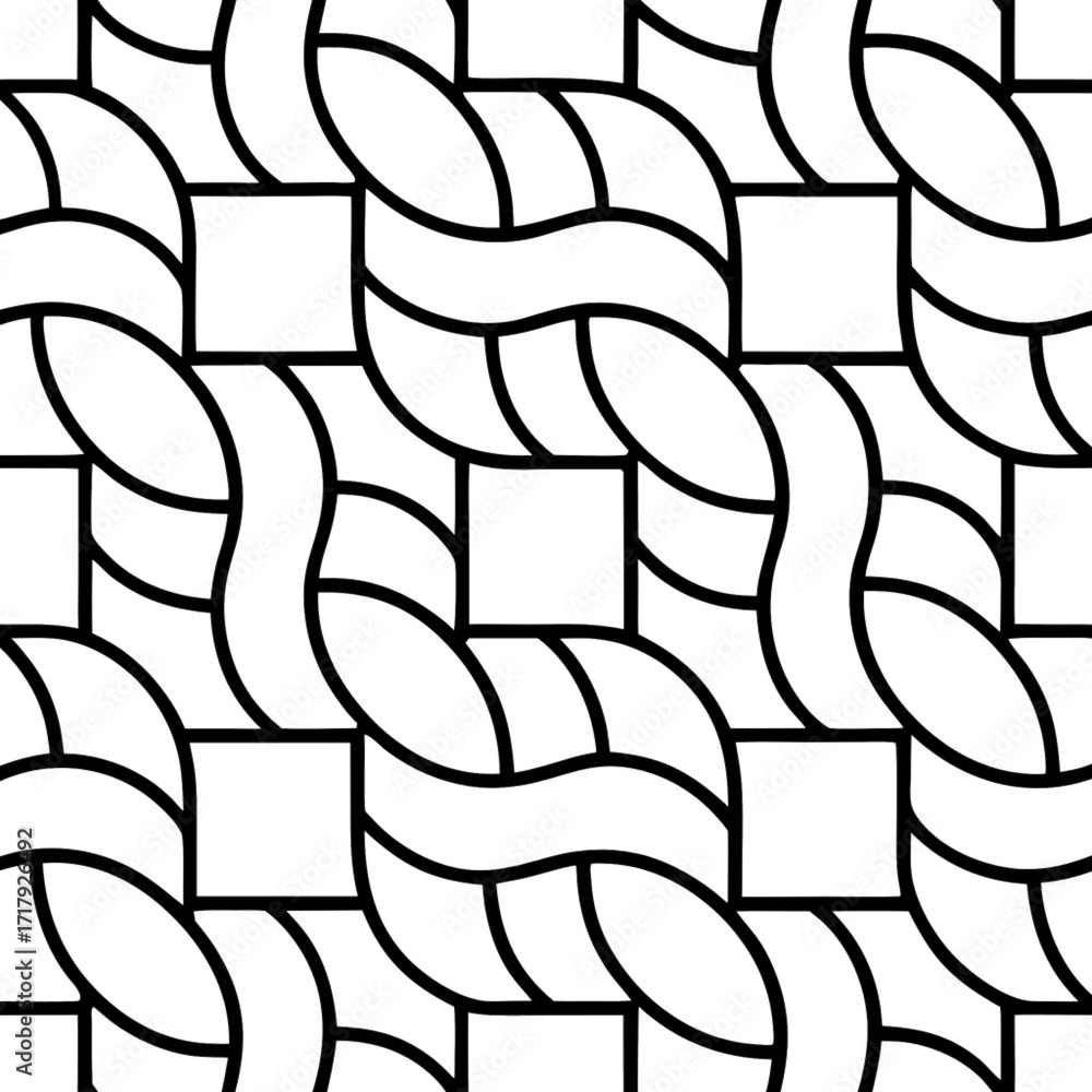 Poster minimilist seamless pattern design featuring alternating squares and curved shapes in a black and wh