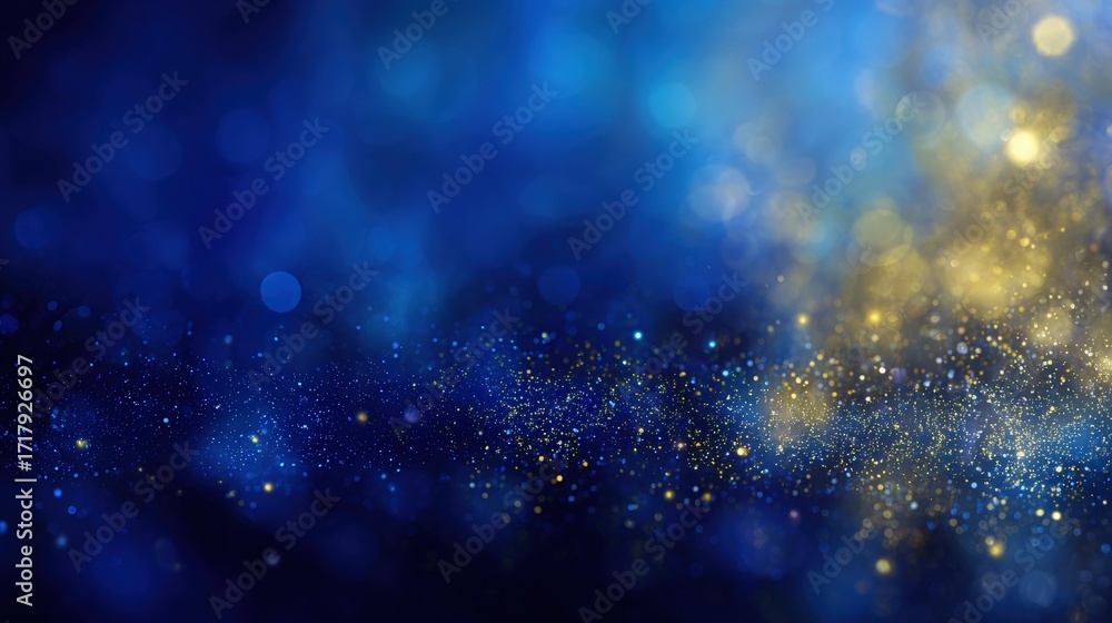 Poster a shimmering abstract background with blue and gold bokeh effects, creating a magical, dreamy atmosp