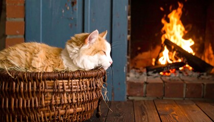 Cozy cat by fireplace