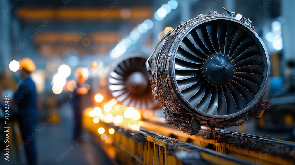 Poster assembly line in an aerospace factory where workers install low emission turbofan engines on a massi